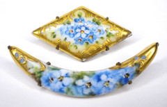 Antique hand painted porcelain brooch jewelry pin lot blue flower C clasp 2 1/4″