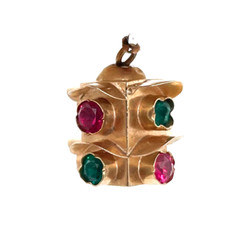 Vintage 18K Yellow Gold 3D Traffic Light Emerald Ruby Gemstone Charm