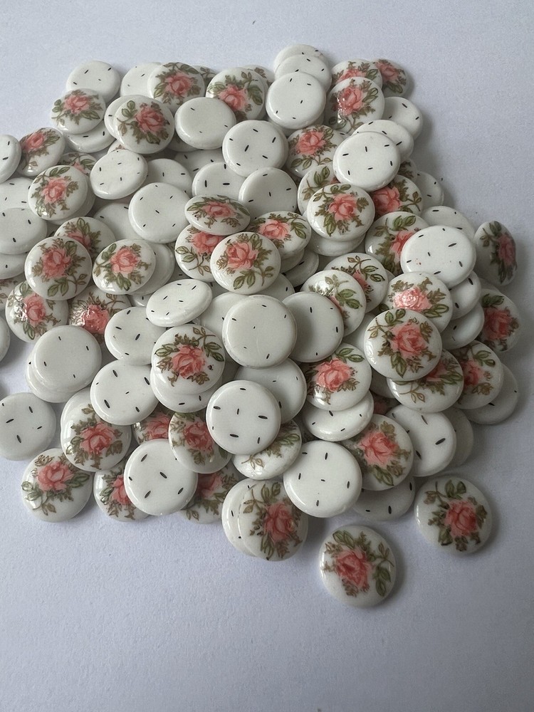 Vintage Japanese 8 mm Round Flower Porcelain FLATBACK Ceramic 50 Pcs