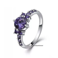 2.10Ct Moissanite Round Cut Amethyst Halo Engagement Ring 14k White Gold Plated