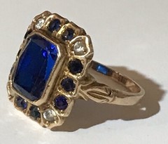 ANTIQUE 10K GOLD FAUX FACETED SAPPHIRE & PASTE STONES RING SIZE 6*