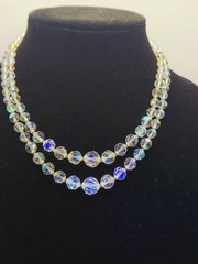 Vtg Double Strand AB Faceted Crystal Bead Necklace with Box Closure