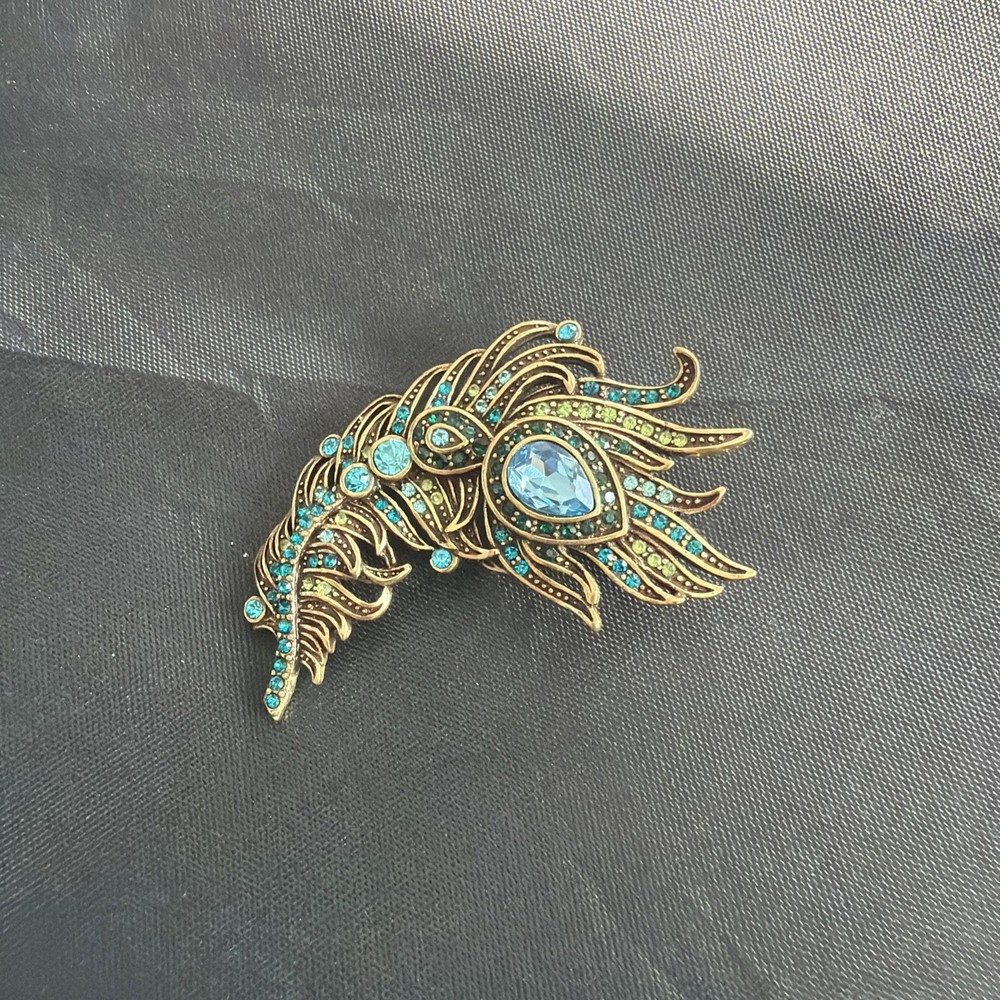 Heidi Daus Gold Tone Peacock Feather Brooch Pin Signed