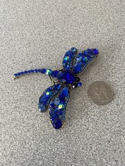 Vintage Gold Tone & Blue Rhinestone 3.5” Wingspan Dragonfly Pin In ExCondition