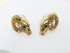 Pair KJL For Avon Gold Tone Green Eyed Ram Head Post Earrings