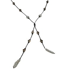 Vintage 925 Sterling Silver Freshwater Pearl & Crystal Lariat Necklace, Boho Mul