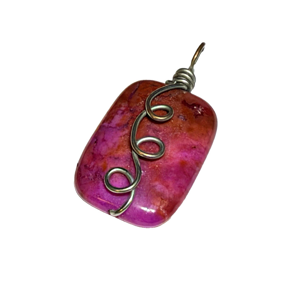 Handmade Magenta Stone Wire Wrapped Pendant Silver Tone Copper Wire