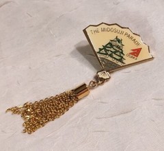 Signed Pinback Japanese Fan Gold Tone Osaka Midosuji Parade Tassels Enamel Vtg
