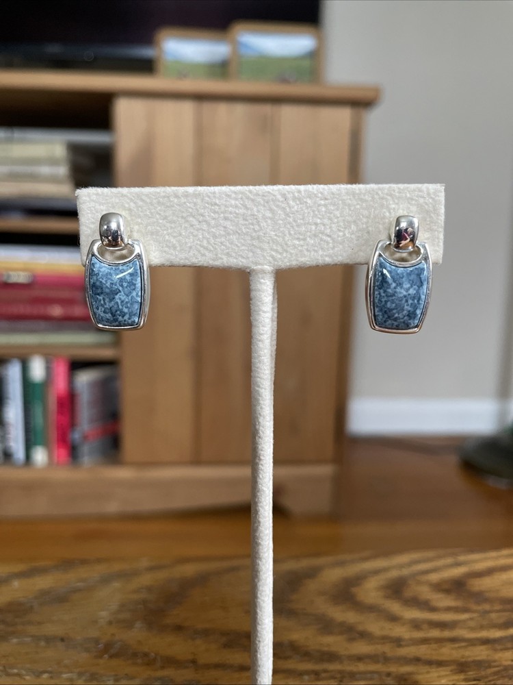 Vintage 90s Door Knocker Earrings Silver Blue Stone Enamel Hanging