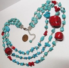 Blue Turquoise Red Coral Nugget 3 Strand Adjustable Length Western Necklace