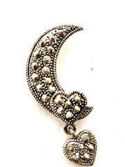 Vtg silver tone Marcasite style Moon Stars tassel Pin