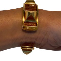 Hermès Gold Plated Médor Cuff/Bangle Bracelet- Brown Leather-Circa 1997