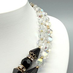 Vintage Black Clear Crystal Beaded Necklace Rhinestone Clasp 15″