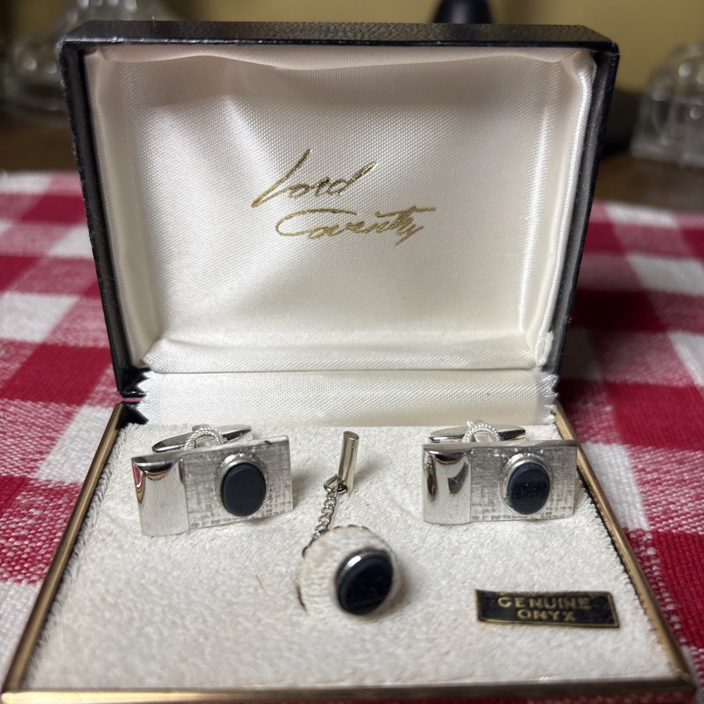 Mens Cuff Link +Tie Bar Set Black Gold Lord Coventry Vintage in original box