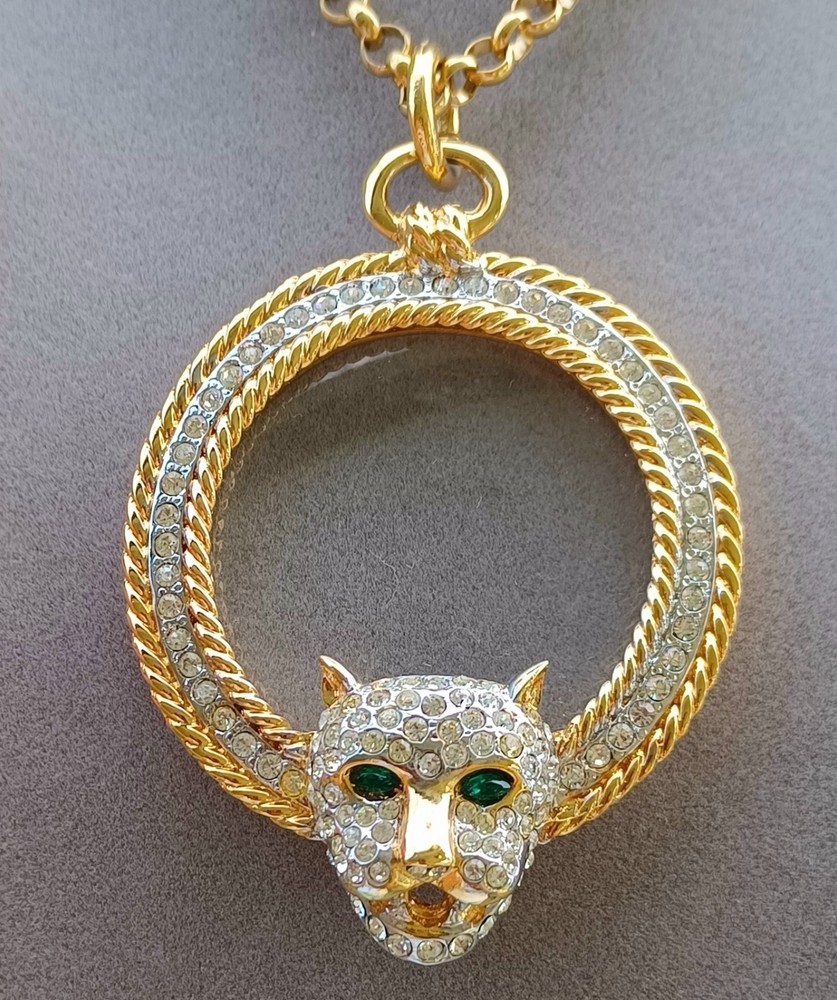 Vintage Jackie Collins Crystal Panther Magnifying Glass Pendant Chain Necklace
