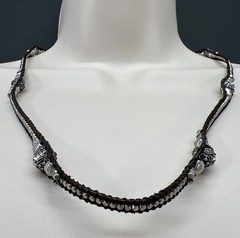 Lucky Brand Woven Brown Silver Tone Bead Necklace Rhinestones 22” Adjusts