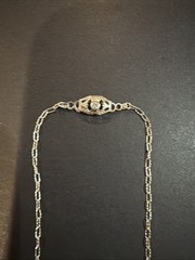 Vtg Art Deco Rhodium Plated Faceted Aquamarine Glass Filigree Pendant Necklace