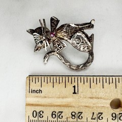 Vintage Sterling Silver Cat Brooch with Sapphires & Ruby Figural MCM Design