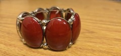 Red Oval Plastic Stone Silver Tone Metal Flex Stretchy Bracelet Adjustable Flaw