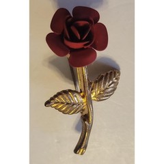 Vintage Rose Brooch Pin Floral Botanical Garden Party Accessory Gold Red Flower