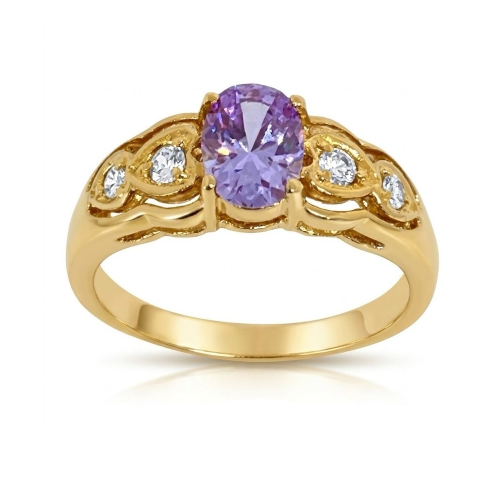 Vintage 1980s Ring Size 8 Lavender CZ Prong Set Gold Plated Band – 14J