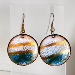 Vintage Enamel on Copper Jewelry Set Abstract Blue Gold White Earrings Pendant