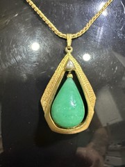 Vintage Gold Tone Faux Jade Dangle Tear Drop Necklace and Clip-On Earring Set