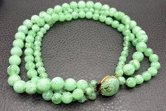 West Germany Double Strand Green Bead Necklace Gold Tone Marbled Box Clasp