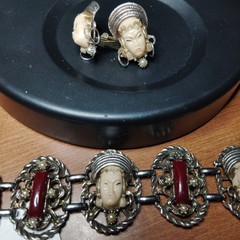 Vintage Many Faces of Selro Selini Figural Bracelet & Matching Clip-on Earrings