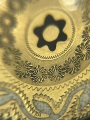 Victorian antique gold tone round brooch pin chain etched enamel flower design