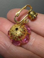 Vintage Pink Floral Rhinestone Clip Dangle Earrings Gold Tone Filigree Glamour