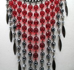 Vintage RJ Graziano red bead and gunmetal statement runway fringe necklace