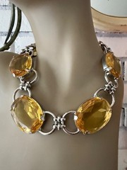 GRAZIANO SIGNED FAUX CITRINE LUCITE LARGE SILVER TONE NECKLACE 21″ STATEMENT