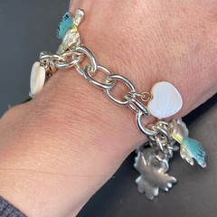 Love Hope Faith Angels Mother of Pearl Hearts Vintage Charm Blue Enamel Bracelet