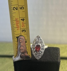 Vtg Art Deco Marquise Red Garnet & Marcasite 925 Sterling Silver 7.75 Signed CW