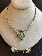 Beautiful Antique Vintage ORA 1930’s Necklace Earrings Emerald Rhinestones