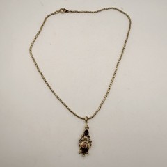 Vintage 1928 Gold Tone Rose Pendant Necklace Amethyst Purple Rhinestone