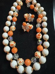 Vintage Vendome Necklace Earrings Orange, White And Gold Plated Unique Beads 15”
