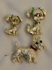 3 Vintage Gerry’s Dog Pins Gold Tone Red Rhinestone Eyes