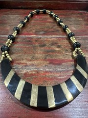Vintage 80s India Brass Inlay Statement Collar Bovine Bone Horn Necklace 88g