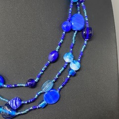 Layered Art Glass Necklace Blue Marble Opaque Transparent Bead Seed Acrylic 20″