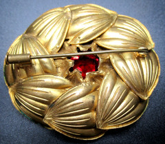 French Red Rhinestone Flower Antique Pin Brooch W/ Trombone Clasp