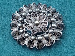 Antique Mexico Silver Ornate Filigree Flower Theme Round Pin: 2.25″ in Diameter