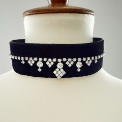 Handmade Victorian Black Velvet Trim + Rhinestone Choker – 14.5 in