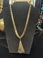 ⁠Vintage HOBE Gold Tone Necklace Block Links Tassel Drop Egyptian Modernist 70s⁠