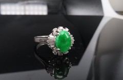 Vintage 1.10ct Natural Jadeite Jade & 0.49ct Diamond Platinum Ring, Size 7.25