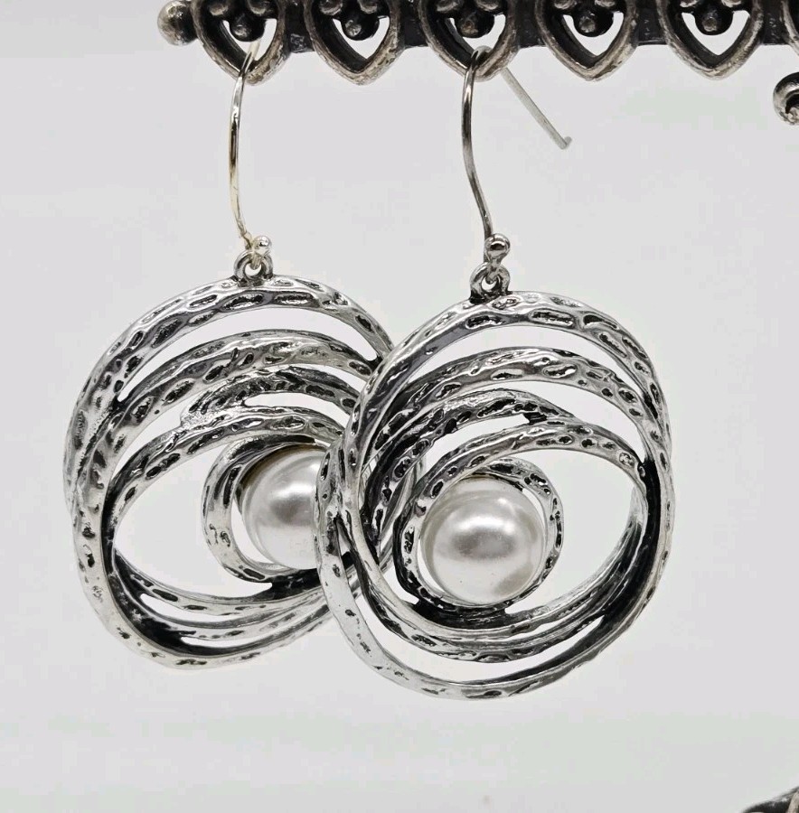 Spiral Earring Faux Pearl pierced Silver tone Hammered Dangle Boho 2.25 in