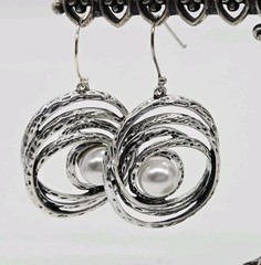 Spiral Earring Faux Pearl pierced Silver tone Hammered Dangle Boho 2.25 in