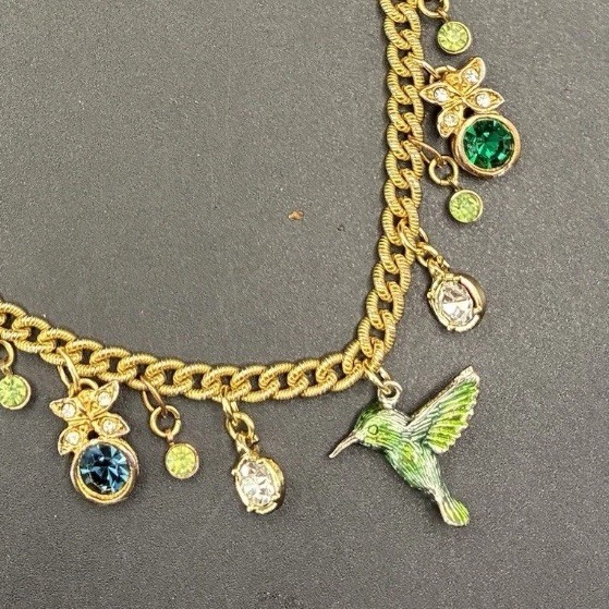 Vintage Tiny Hummingbird Enjoying Flowers, & Rhinestone Raindrop Charms Necklace