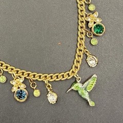 Vintage Tiny Hummingbird Enjoying Flowers, & Rhinestone Raindrop Charms Necklace